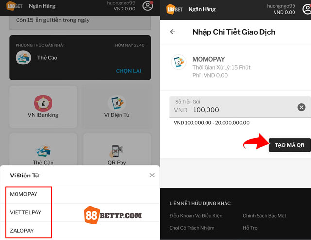 Dùng ví điện tử để gửi tiền vào nhà cái 88BET