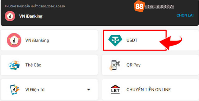 Gửi tiền vào 88BET với phương thức USDT