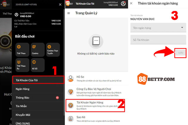 Thêm tài khoản ngân hàng của bạn vào hệ thống 88BET